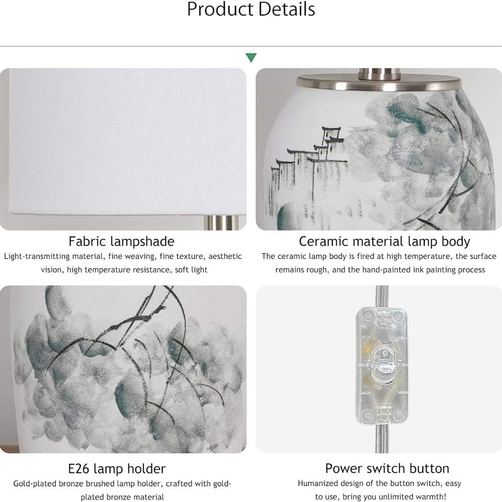 Elegante Lámpara De Mesa Cerámica Pintada A Mano Con Pantalla Tela - Ideal Para Dormitorio, Sala Estar Y Estudio Accesorio Iluminación Interior E26