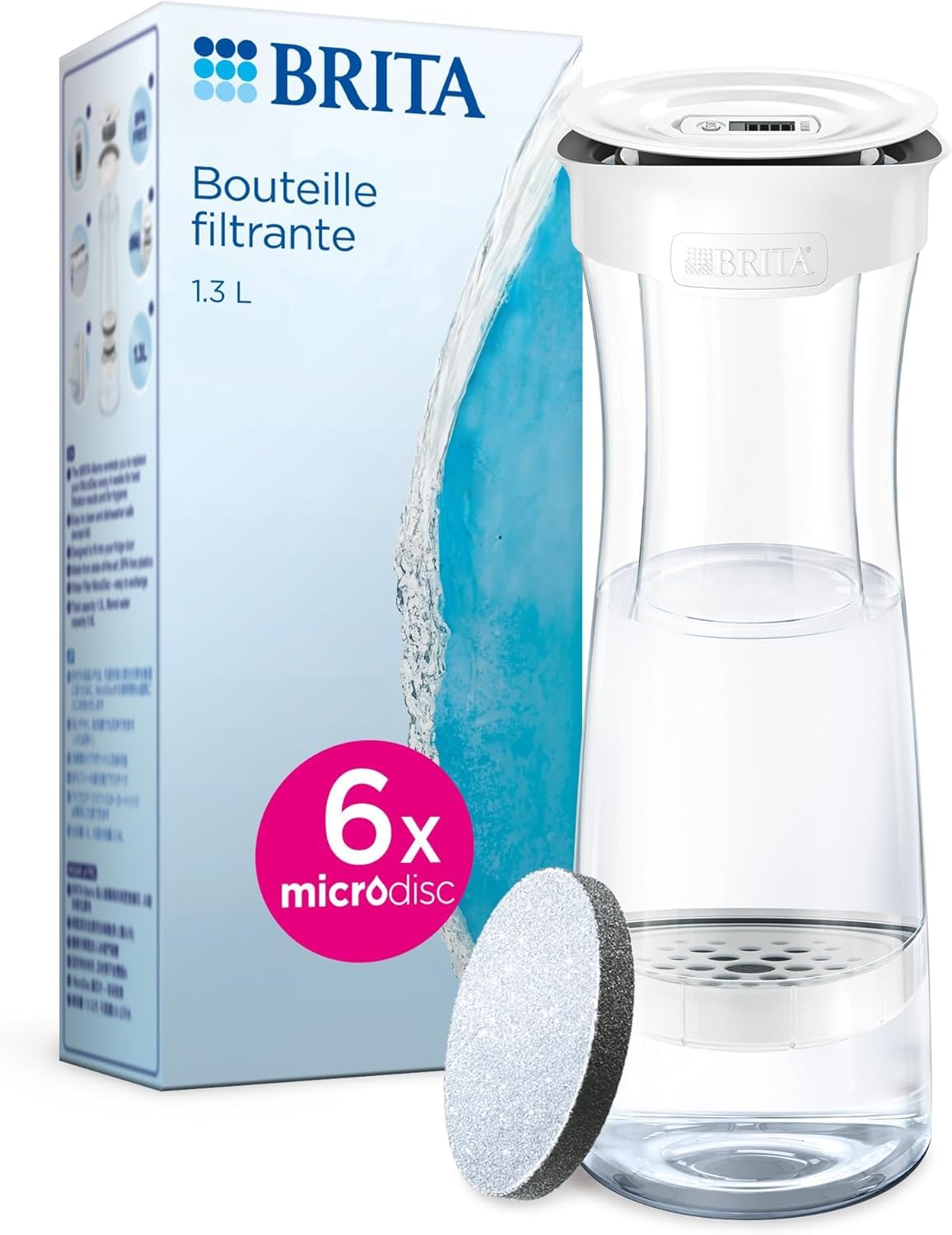 BRITA Bottiglia di filtro Bianca Grafite, riduce Cloro, Piombo e Altre impurità organiche per Acqua di Rubinetto Più Puro, 6 filtri MicroDisc Inclusi