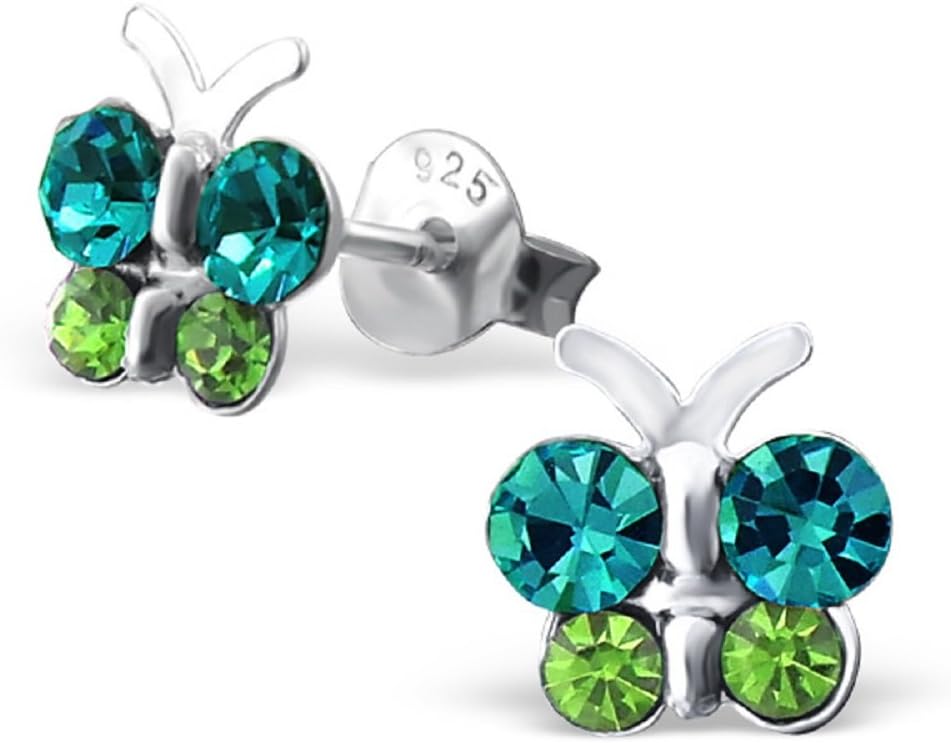 925 Sterling Silver Blue & Green Crystal Butterfly Stud Earrings 21833 (Nickel Free)