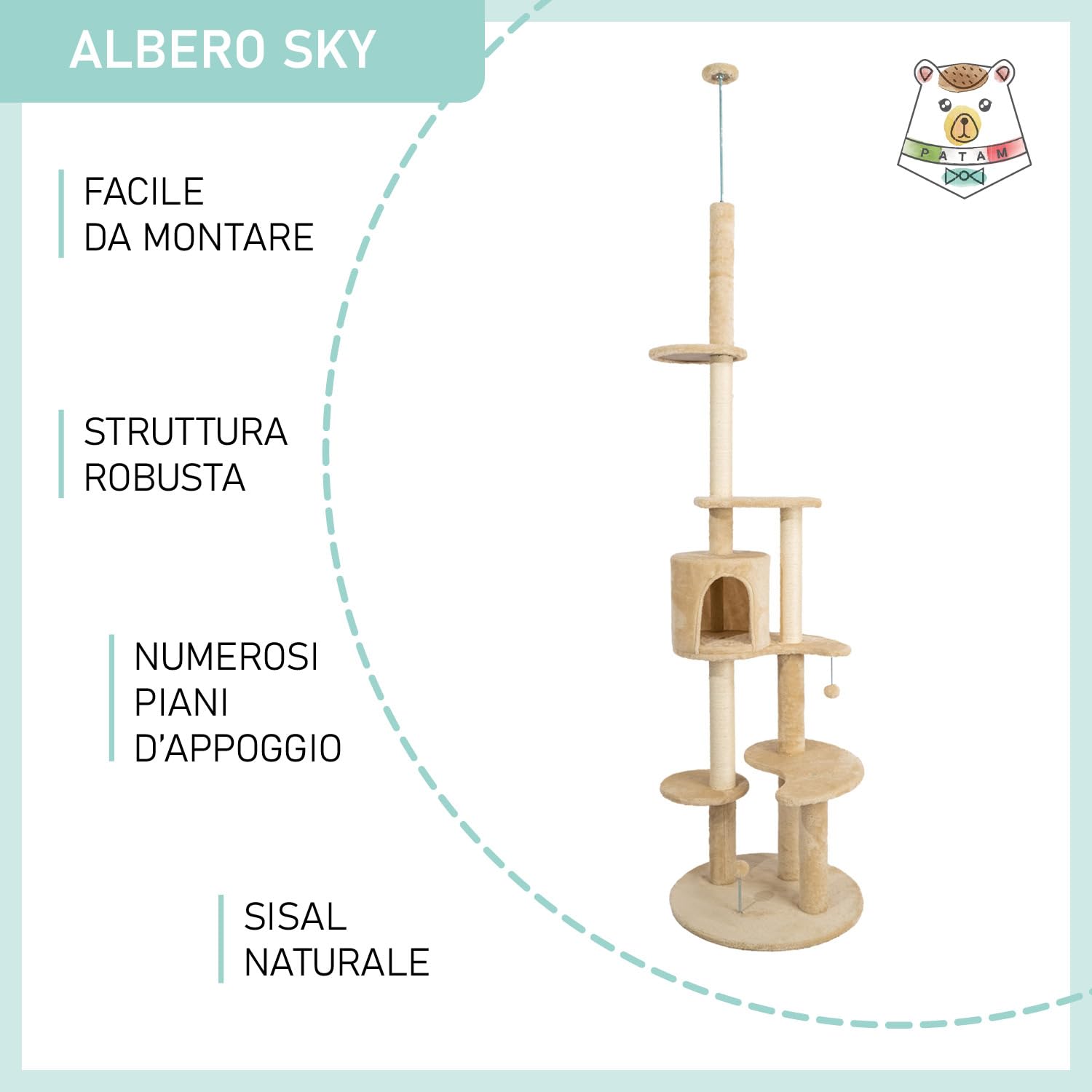 Albero Tiragraffi per Gatti Alto 246 cm con Cuccia, Graffiatoio e Fissaggio Antiribaltamentyo, Sky Beige