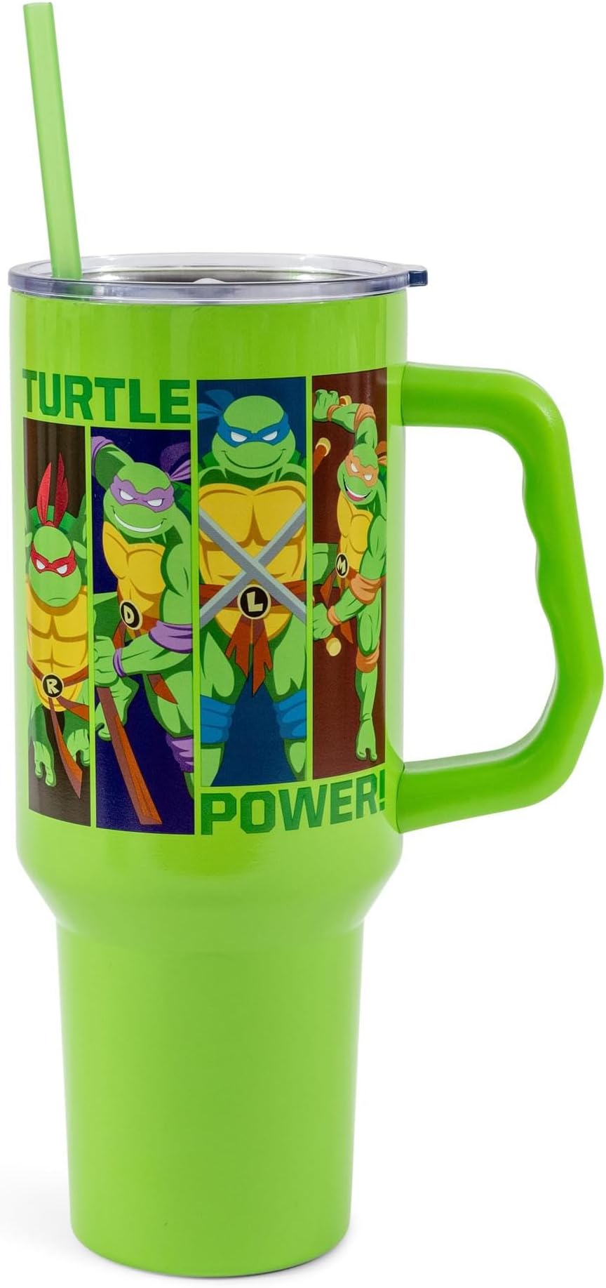 Teenage Mutant Ninja Turtles Turtle Power Stainless Steel Tumbler with Handle Featuring Leonardo, Donatello, Raphael, and Michelangelo, Fits in Standard Cup Holder, 40 Ounces