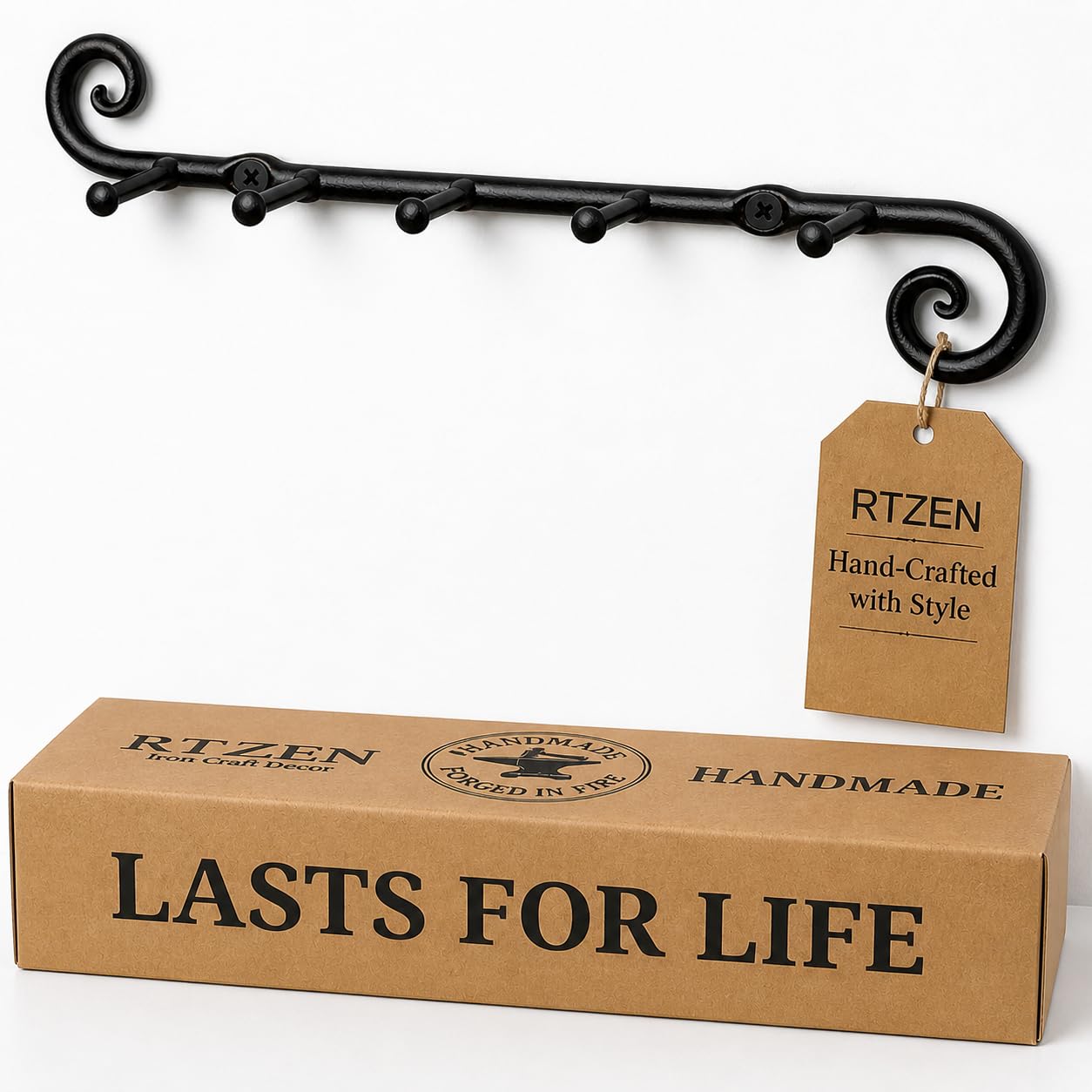 RTZEN Farmhouse Small Key Holder for Wall - Handcrafted Swirl Decorative 5 Key Hooks for Home Entryway - Wrought Iron Black Wall Mount Key Rack Purse Coat and Leash Holder or Organizer (Classic)