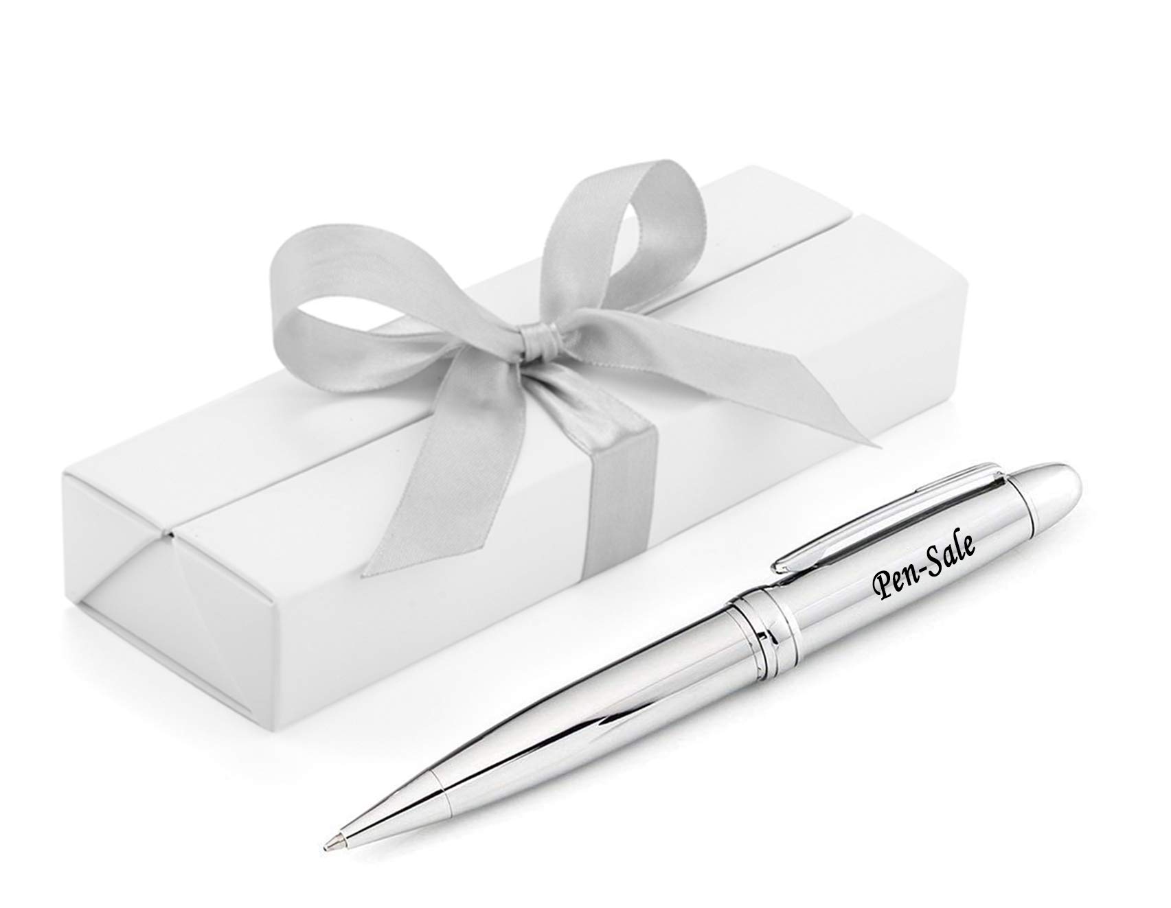 Personalised Stylish Ballpoint Engraved Pen in a classy gift box with a silver ribbon - Gifts for Christmas or Any Gift Idea, Gifts For Men and Women - Enter Your Custom Engraving (Silver) — image 1