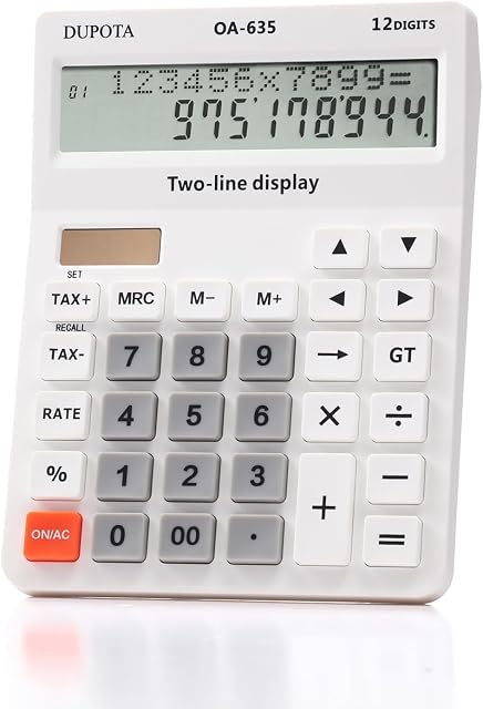 Calculatrice de bureau Grand affichage gros boutons avec 12 Chiffres 2-line LCD, Calculatrices de batterie et d'énergie solaire double avec fonction de contrôle et de taxe pour le bureau, la maison, la comptabilité et l'entreprise de taille moyenne (OA-635)