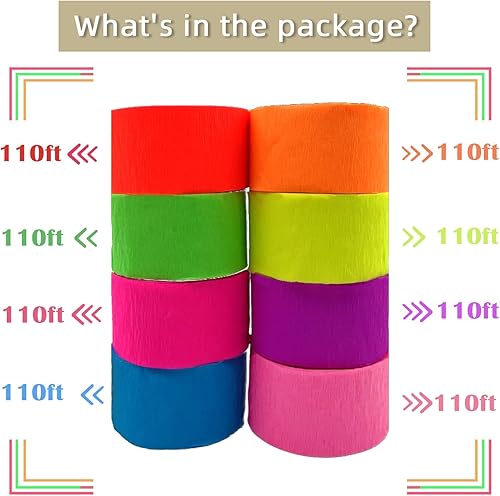 Miniatura 28 de Serpentinas de papel neón que brillan en la oscuridad, 1260 pies, luces negras, decoraciones de neón para fiestas, 12 rollos de papel crepé