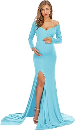 ZIUMUDY Elegant Fitted Maternity Gown Side Split Off Shoulder Long Sleeve Maxi Photography Dress Baby Shower