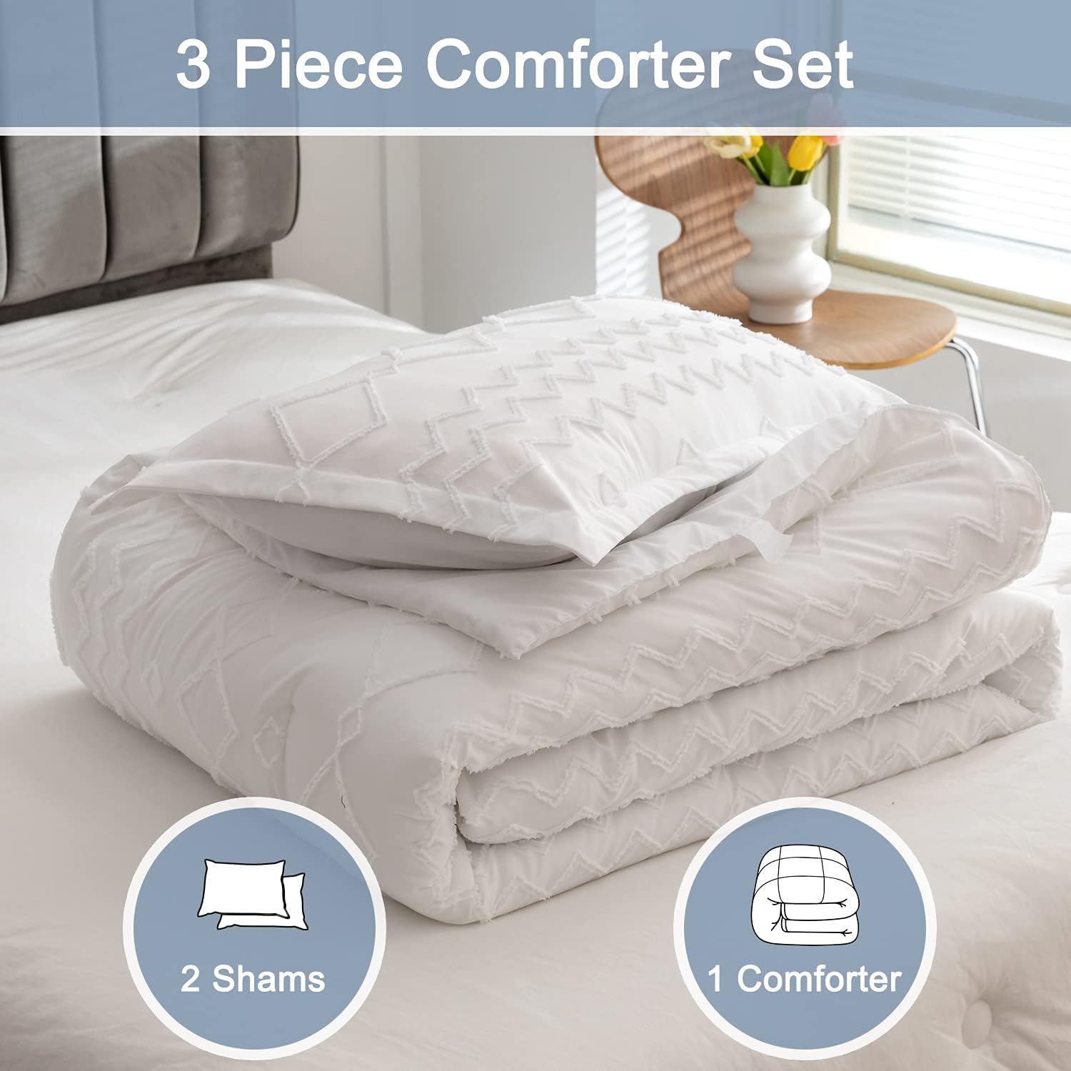 Geilioo Tufted Comforter Sets 3 Pieces Embroidery Comforter Sets Boho Shabby Chic Bedding Sets Soft and Bohemian Geometric Comforter Sets for All Seasons King Size,White(1 Comforter, 2 Pillowcases)