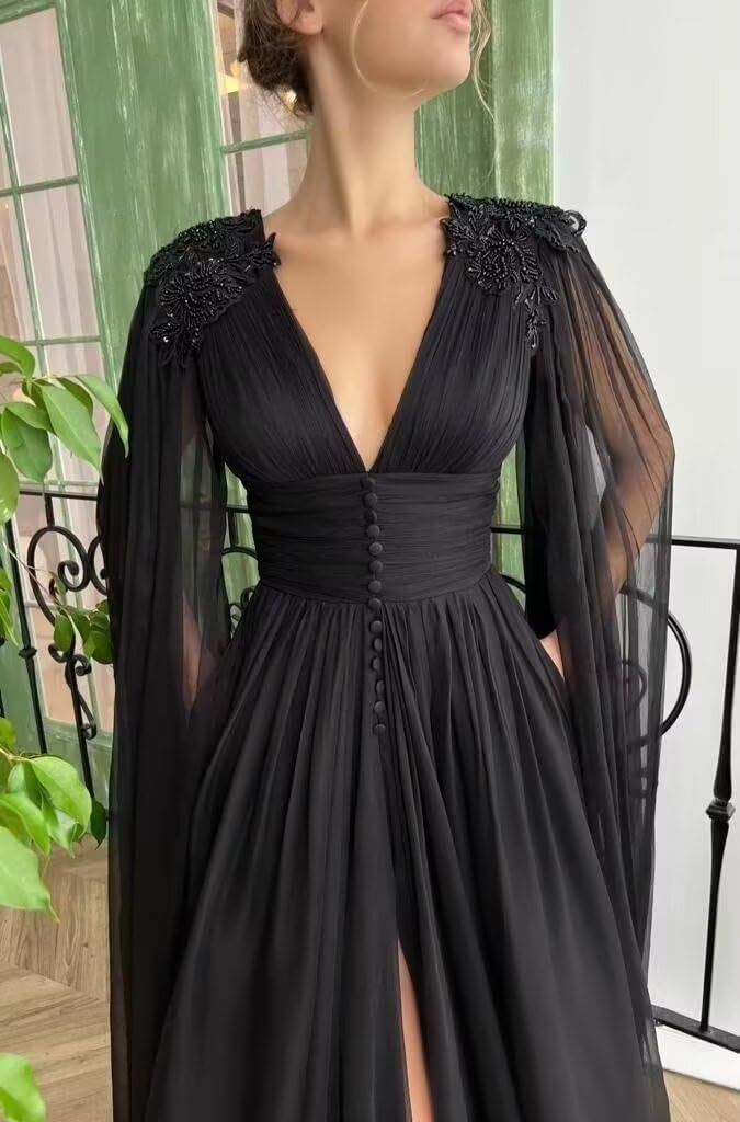 Chiffon Prom Dresses with Cape V Neck Formal Dress with Slit Lace Applique Evening Party Gown - Image 5
