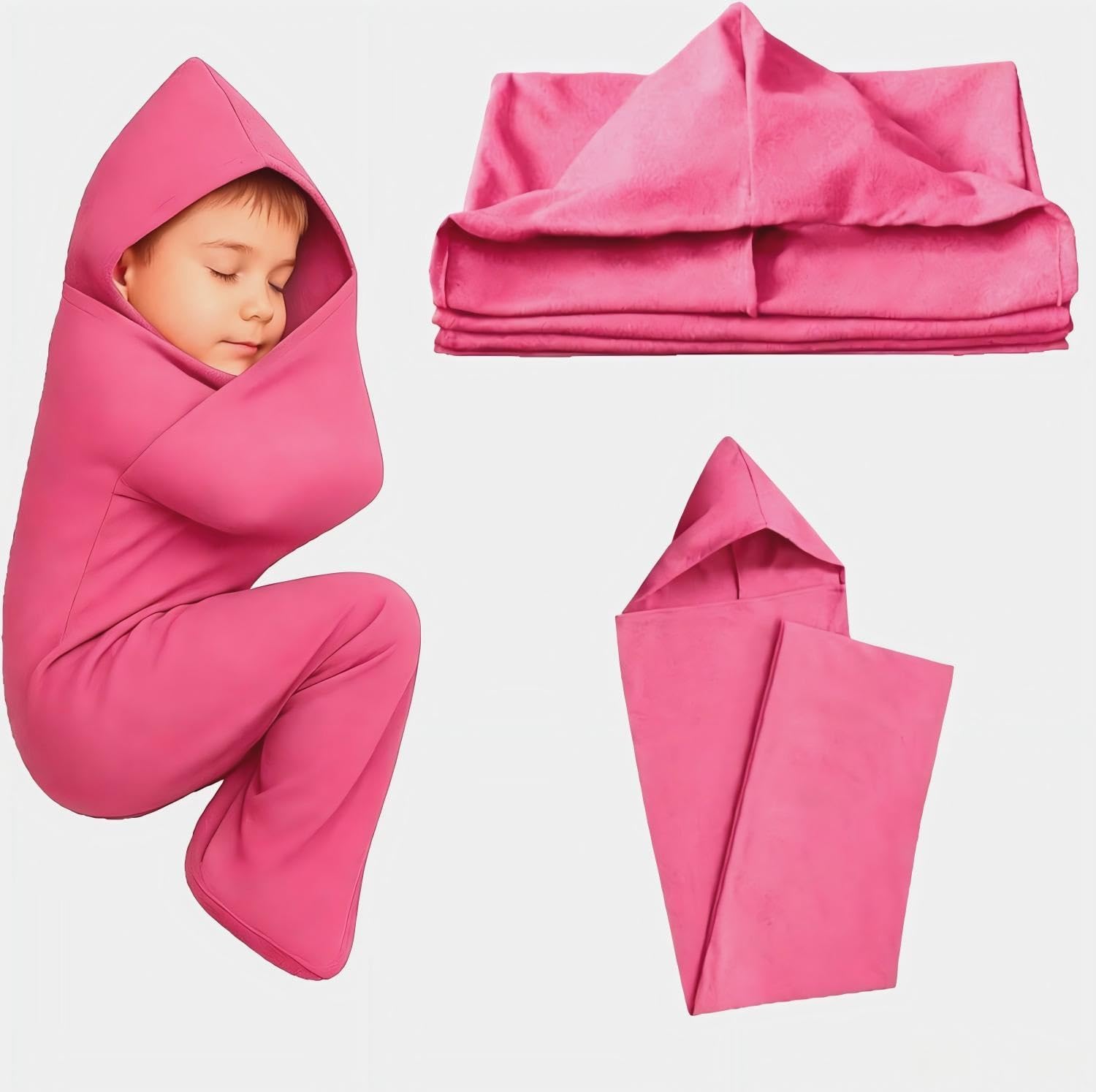 Sleep Pod Wearable Blanket Sack With Hug Pressure,360° Wrap Sleeping Bag Hoodie,Breathable Stretch Fabric All Seasons(Pink,M)