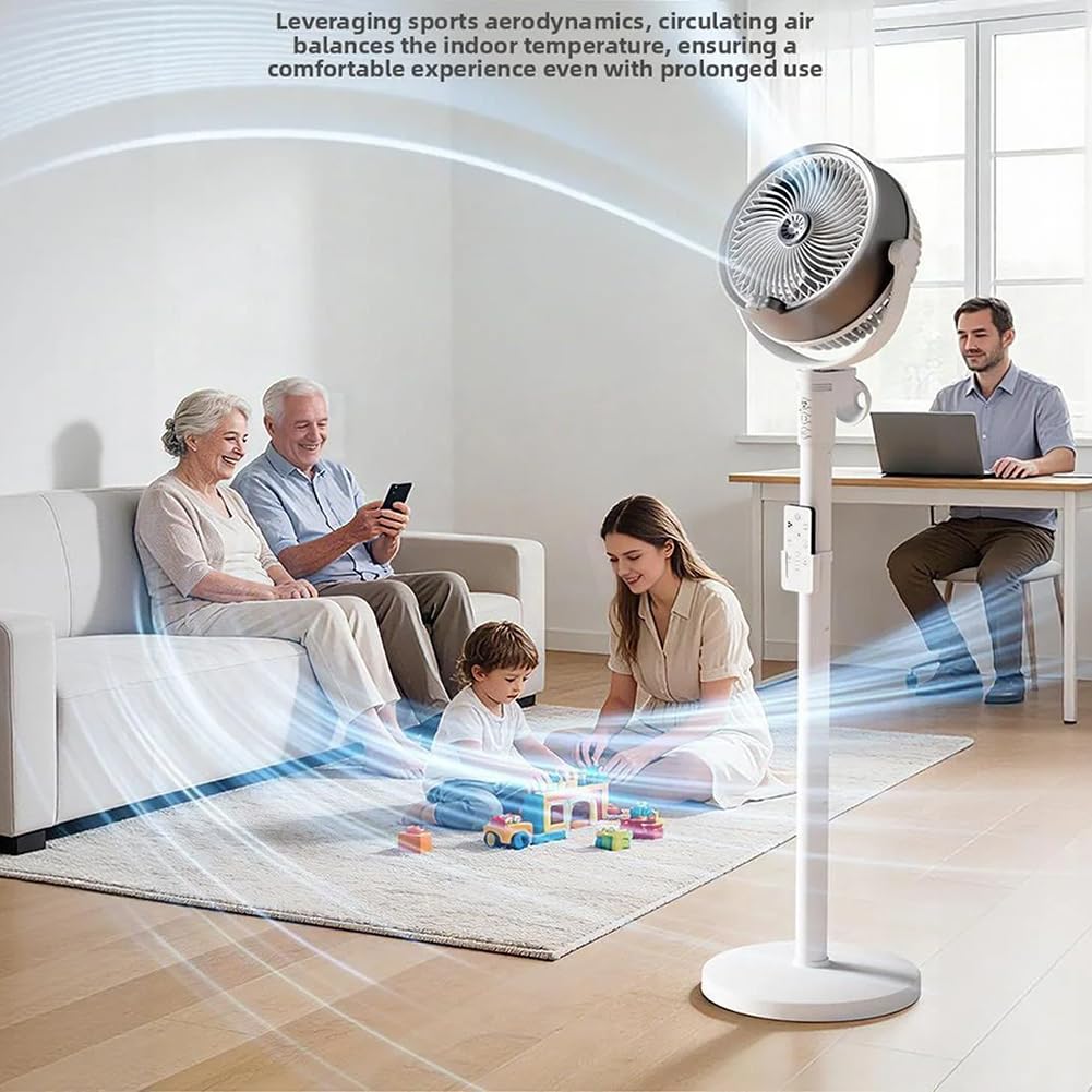 Ventilatore da terra per camera da letto, ventilatore a piedistallo a motore CC, umidificatore circolatore, 4 velocità, ventilatore a piedistallo regolabile in altezza con telecomando, per