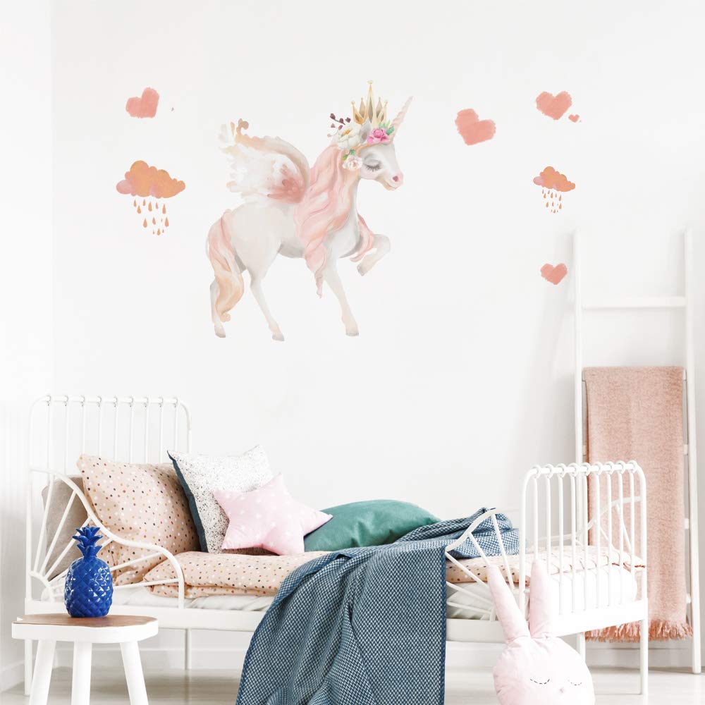 Alwayspon Kids/Girls Room Cute Pink Unicorn Wall Sticker, Removable Watercolor Wall Decals, Peel and Stick Wall Art Murals for Home Nursery Decoration Living Room Decor