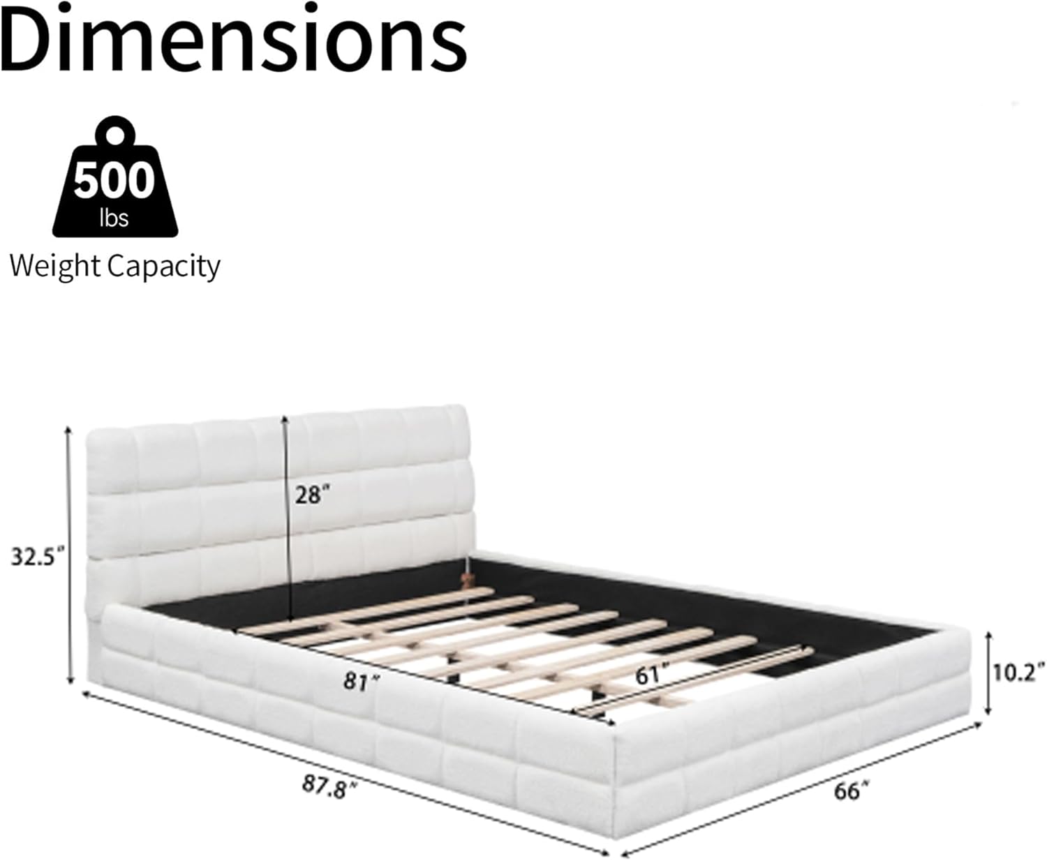 Queen Size Platform Bed Frame with Thick Fabric Headboard, Berber Fleece Floor Bed Frame, Upholstered Grounded Bed Platform Bed Queen Size for Teens Adults Bedroom No Box Spring Needed, White