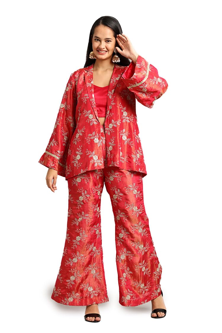 Women's 3-Piece Floral Co-ord Set, Red Blazer with Crop Top and Bell-Bottom Trousers, Silver Brocade Pattern-image-22