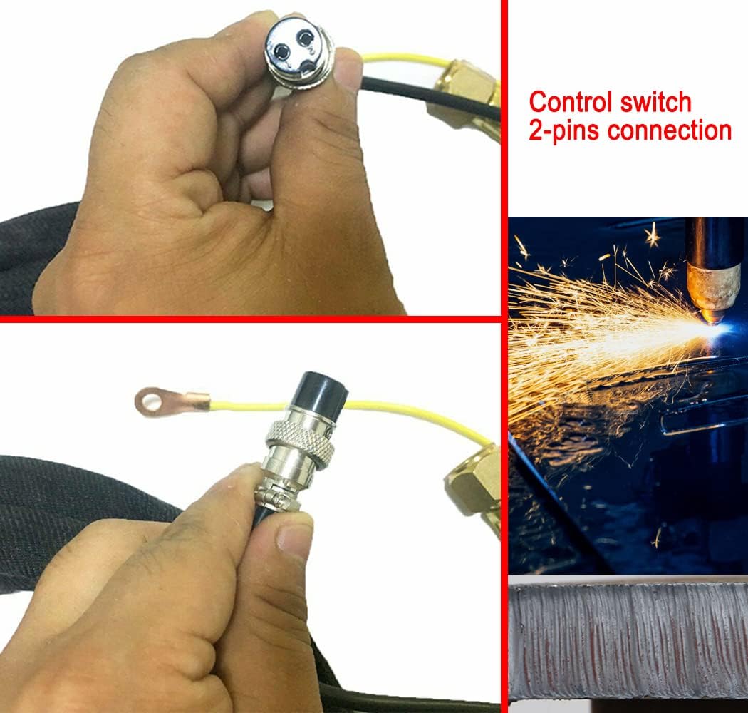 Close-up of a hand connecting a 2-pin control switch and a separate ground lug to a plasma cutter