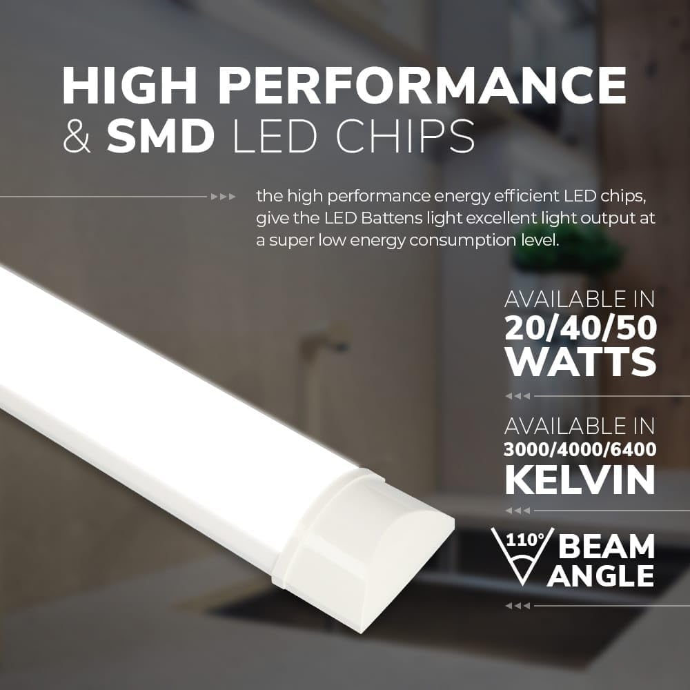 High performance SMD LED chips, indicating 20/40/50 Watts, 3000/4000/6400 Kelvin, and 110 degree beam angle