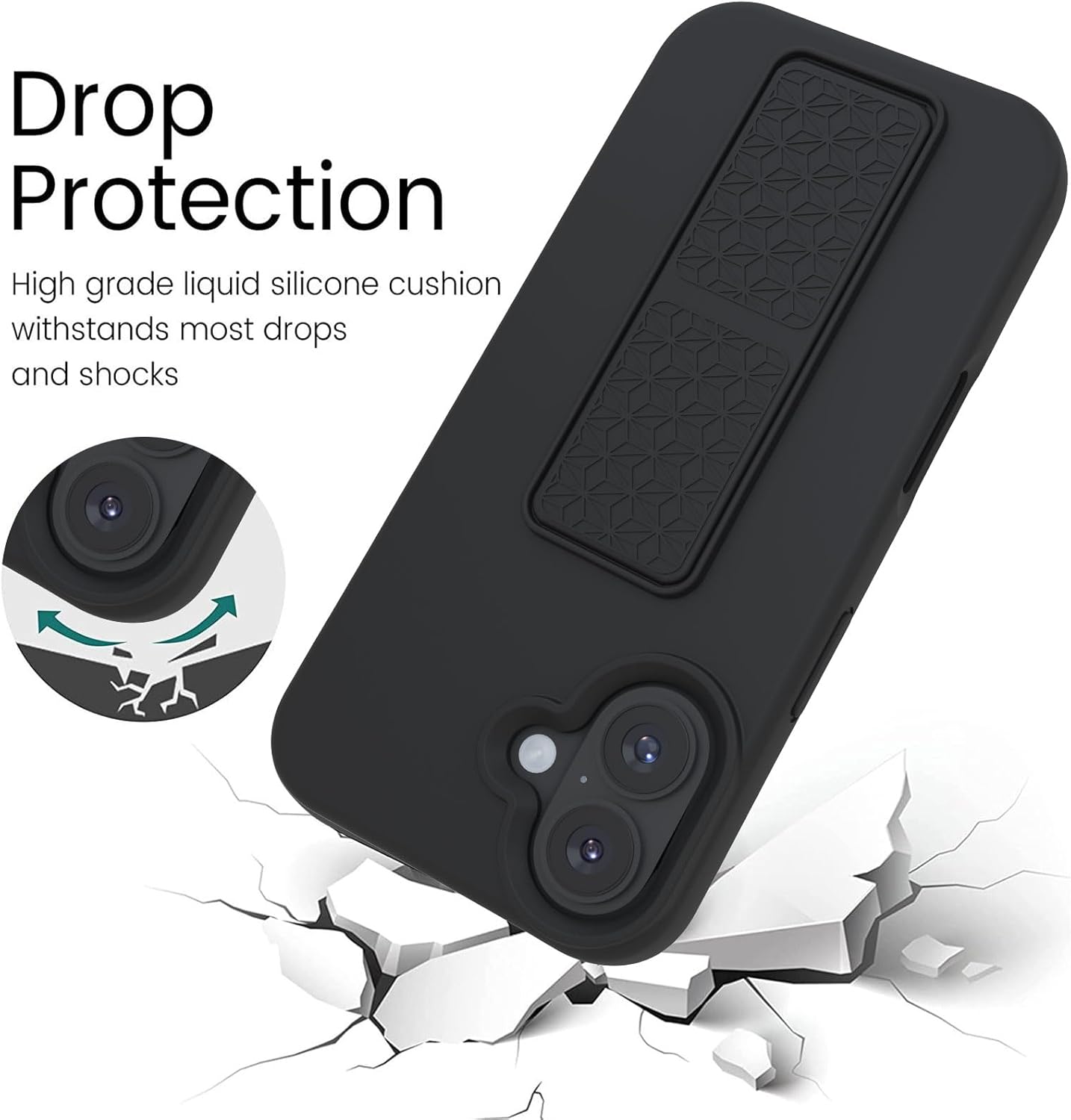 LAUDTEC Silicone Kickstand Case Compatible with iPhone 16, Vertical and Horizontal Stand Hand Strap Metal Kickstand Cover, Flexible Soft Liquid Silicone Stand Case for iPhone 16 (Black) - Image 2