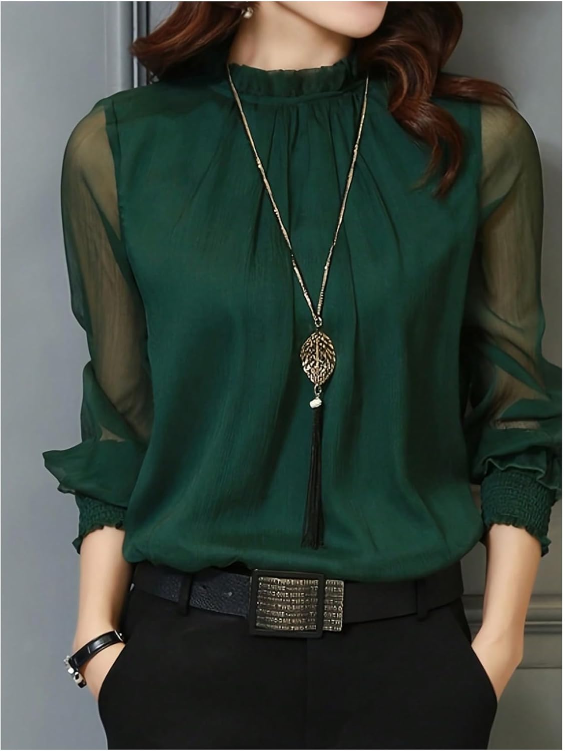 WDIRARA Women's Frill Trim Mock Neck Smocked Long Sleeve Blouse Work Office Top Shirt - Image 3