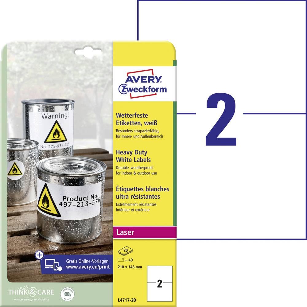 AVERY Zweckform L4717-20 Weatherproof Film Labels 210 x 148 mm on A4 Extremely Strong Self-Adhesive Waterproof Durable Printable Outdoor Adhesive Film 20 Sheets White