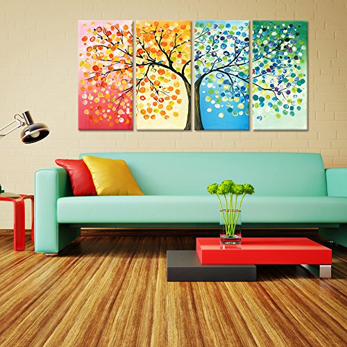 Kreative Arts - 4 Seasons Colorful Lucky Tree Painting Canvas Wall Art Abstract Contemporary Oil Paintings Giclee Prints For Home On Wall Canvas For Living Room Decration (Large Size 16X32Inchx4Pcs) #TOP1