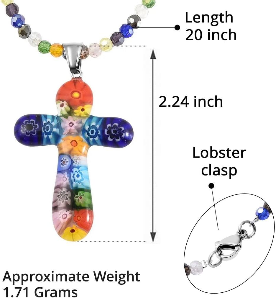 SHOP LC DELIVERING JOY Stainless Steel Glass Murano Style Multi Color Beaded Cross Choker Pendant Necklace Delicate size 20" Catholic Faith Christian Religious Statement Jewelry Gifts for Women
