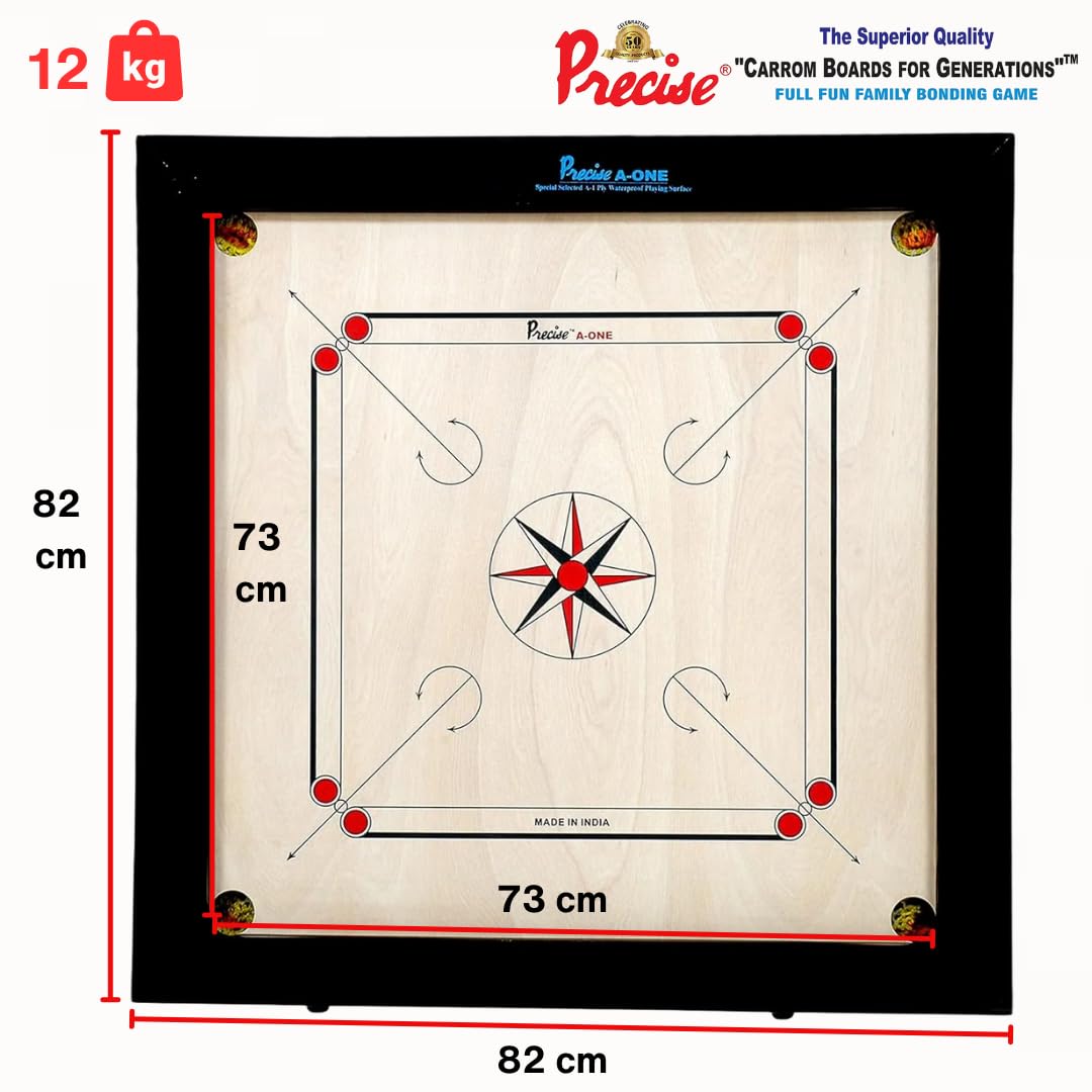 Precise Prof Carrom - AMA-One 8 mm - 12 kg. Turnier Brett - India handgefertigt - Turnier Wettkampf - Komplett mit Steinen, Striker in Tasche - Top Qualitate