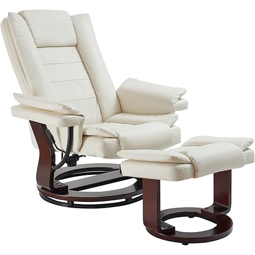 kinmars Recliner Chair with Ottoman PU Leather Recliner with 360 Degree Swivel Footrest Accent Lounge Chair Armchair with Wood Base for Living Room, Bedroom, Reading Room (Beige)