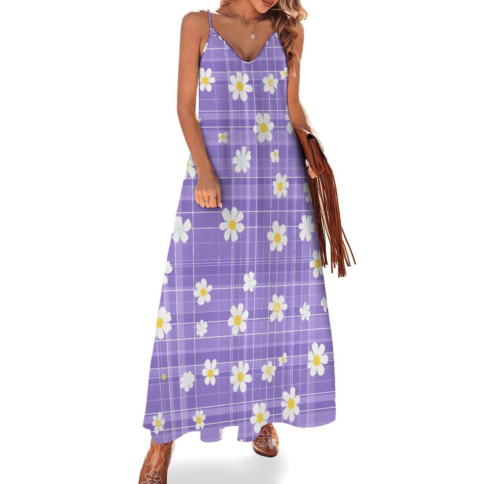 Vestido casual para mujer, con estampado de flores y margaritas, ajustable, largo hasta el tobillo, con volantes, vestido de verano fluido