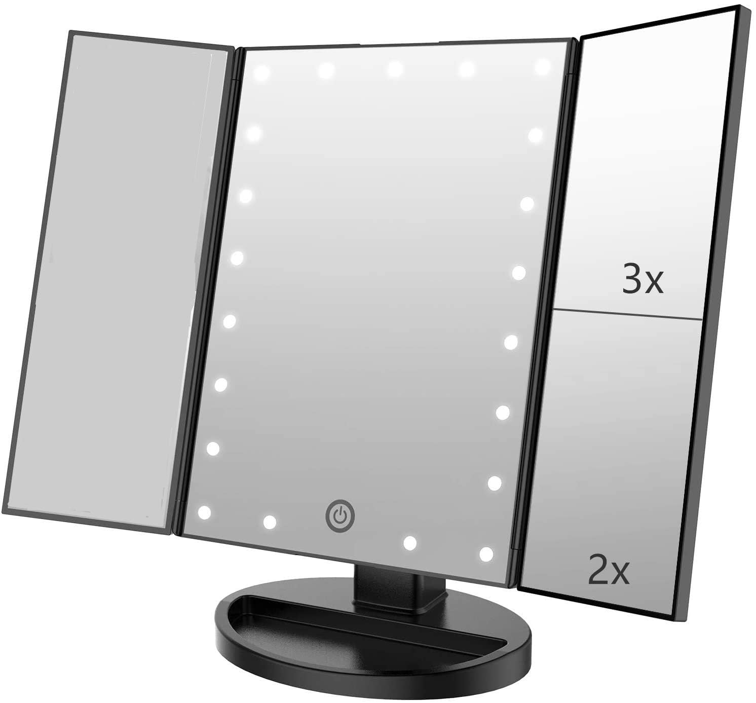DEHLER Tri-fold Lighted Vanity Makeup Mirror with 3x/2x/1x Magnification, 21Leds Light and Touch Screen,180 Degree Free Rotation Countertop Cosmetic Mirror,Travel Makeup Mirror (Black)-image-43