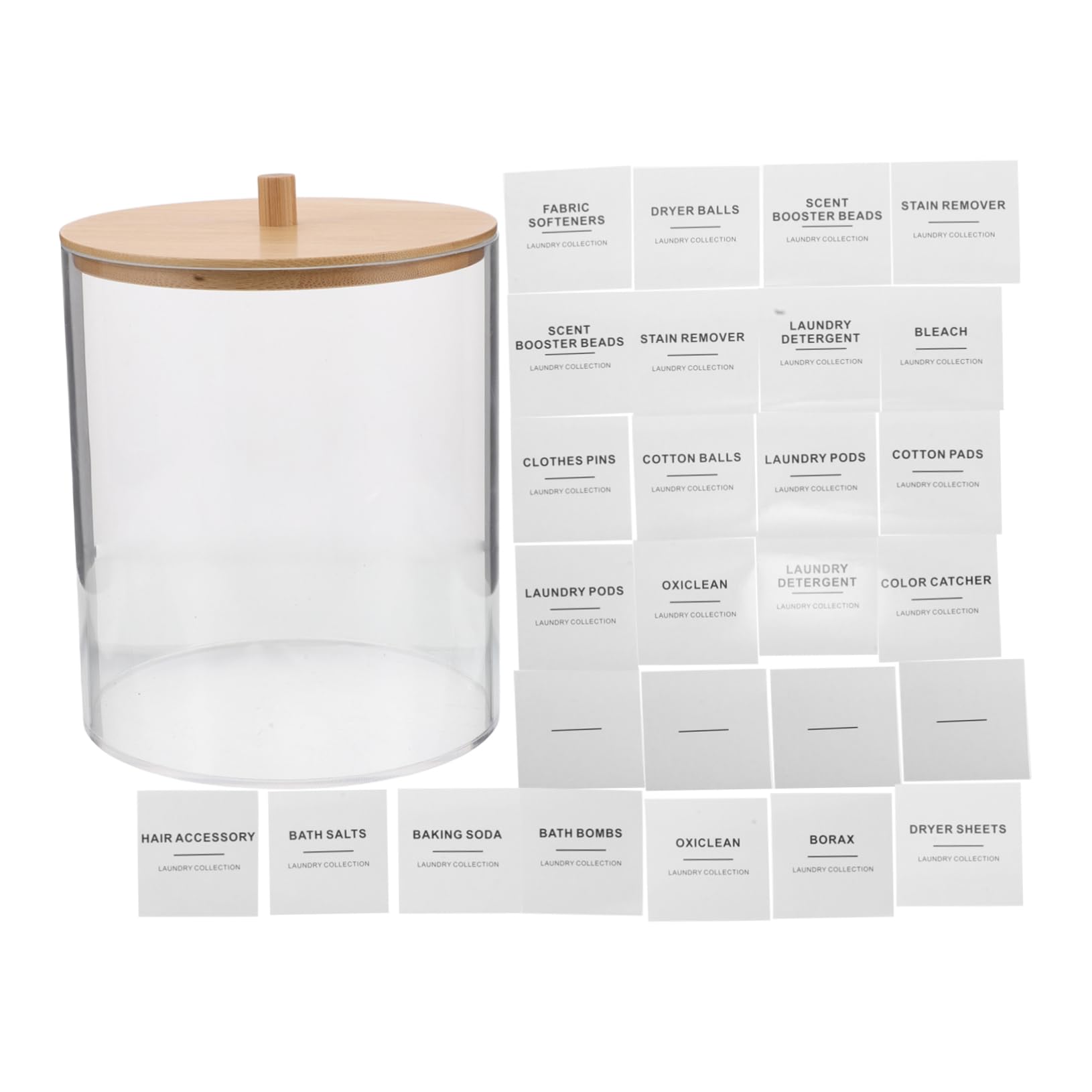 HOOTNEE Clear Acrylic Laundry Holder with Wood Lid Round Transparent Tissue Dispenser with Organizational Labels for Laundry Room and Home Storage