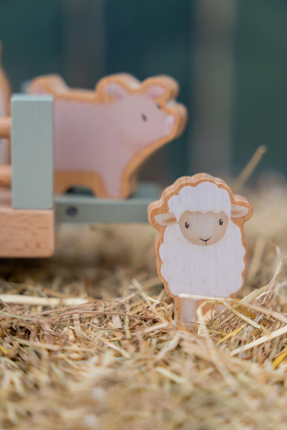 Little Dutch Trattore con rimorchio con animali e personaggio giocattolo in legno per bambini, verde, Little Farm