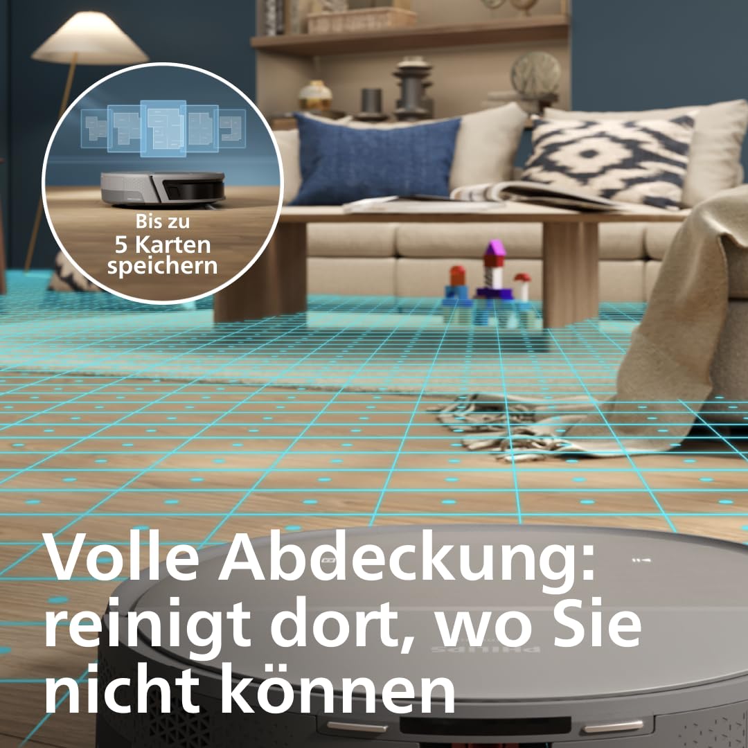 PHILIPS Saugroboter 9000 Serie mit Wischfunktion, Grau, 280 Min. Laufzeit | Auto-Staubabsaugstation, 300 ml Staub- & 260 ml Wasserbehälter, rollender Wischmop (XU9100/10)