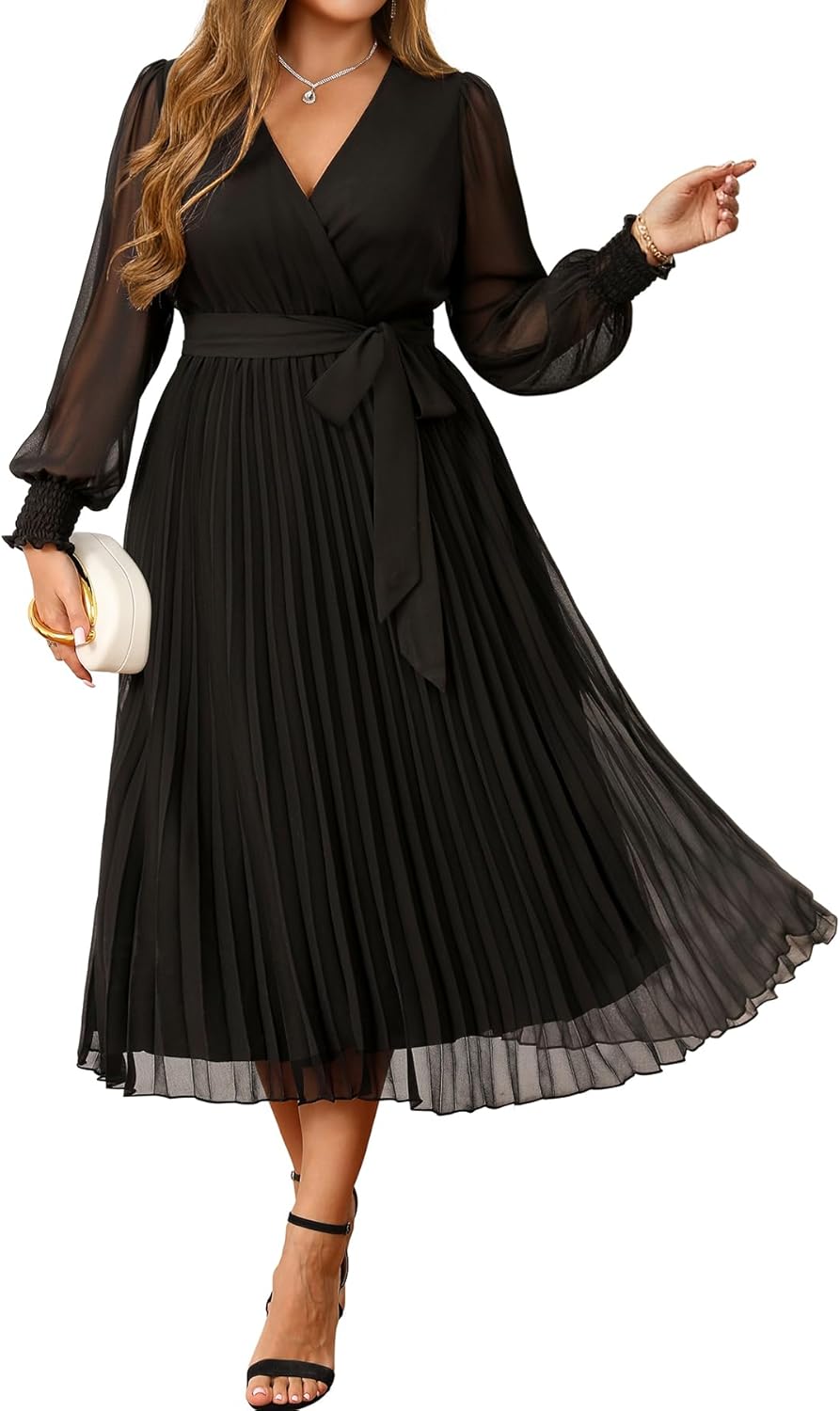 Pinup Fashion Plus Size Dresses Wedding Guest - Fall Semi Formal Long Sleeve Elegant Pleated Midi Dress