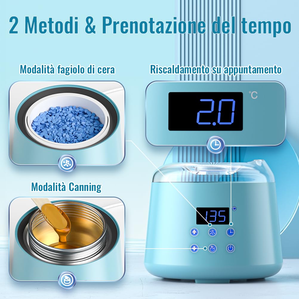 Scaldacera Professionale, Cera Brasiliana Kit con Riscaldamento del Timer, Fornello di Siliconico Depilazione Barattolo Con Termostato e Cera Spatole