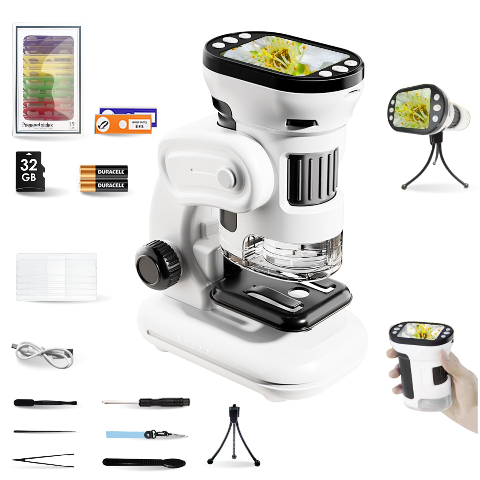 3 en 1 Microscopio Digital para Niños 1000X Portátil con Pantalla 2.0" 6 Luces LED Ajustables Incluye 14 Muestras Preparadas y Tarjeta de 32 GB Navidad y Cumpleaños