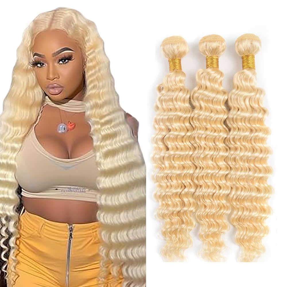 Jucames Deep Wave #613 Blonde Human Hair Bundles Double Weft Virgin Unprocessed Human Hair Extensions Weave 3 Bundles Total 150g For Women 22 24 26 Inch