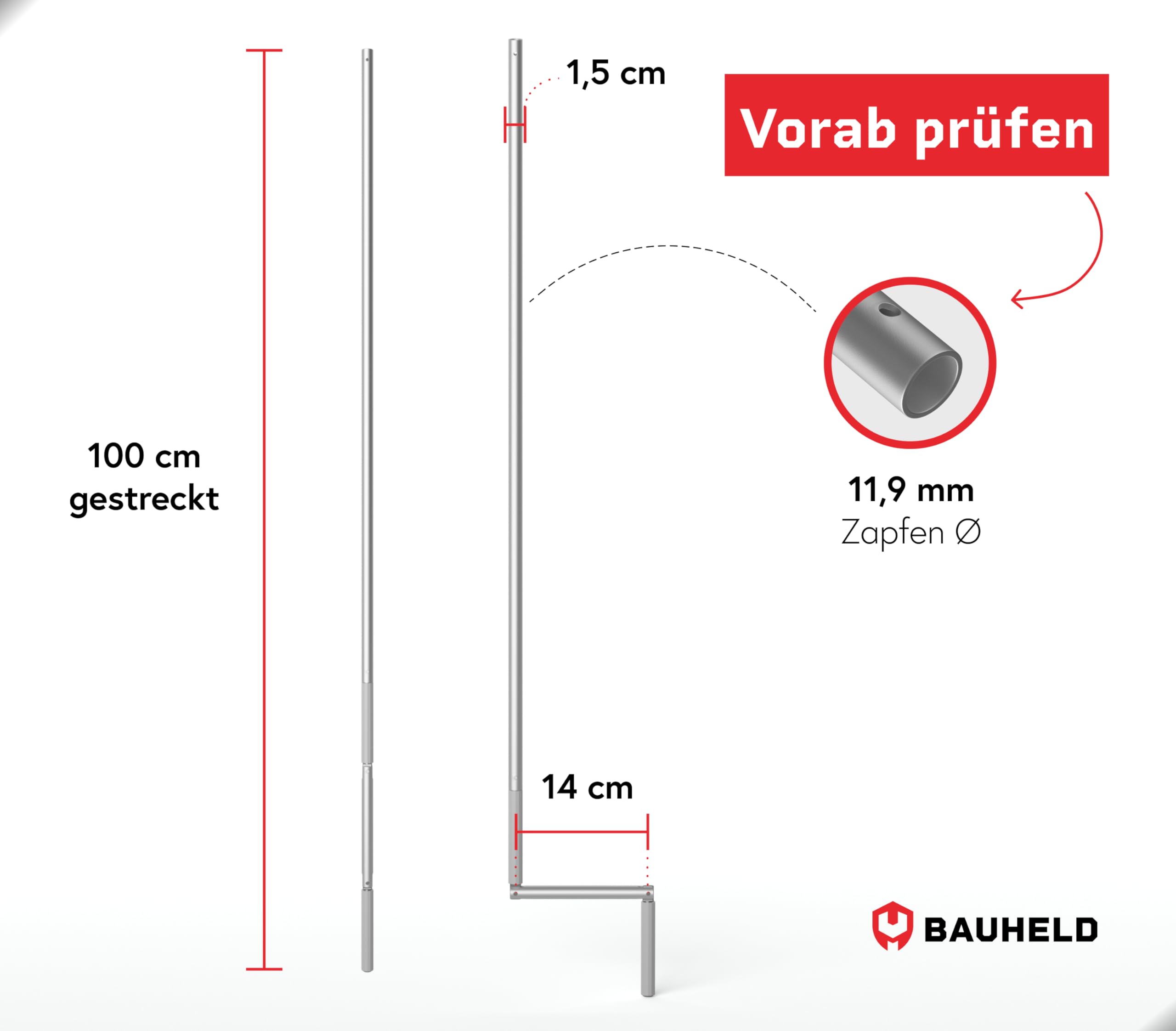 BAUHELD Kurbelstange für Rolladen 100cm [Made in Germany] - Hand-Kurbel für Gelenklager mit Ø11.9mm Zapfen - Rolladenkurbel aus rostfreiem Aluminium - Ergonomischer Handgriff - Grau - RAL7035
