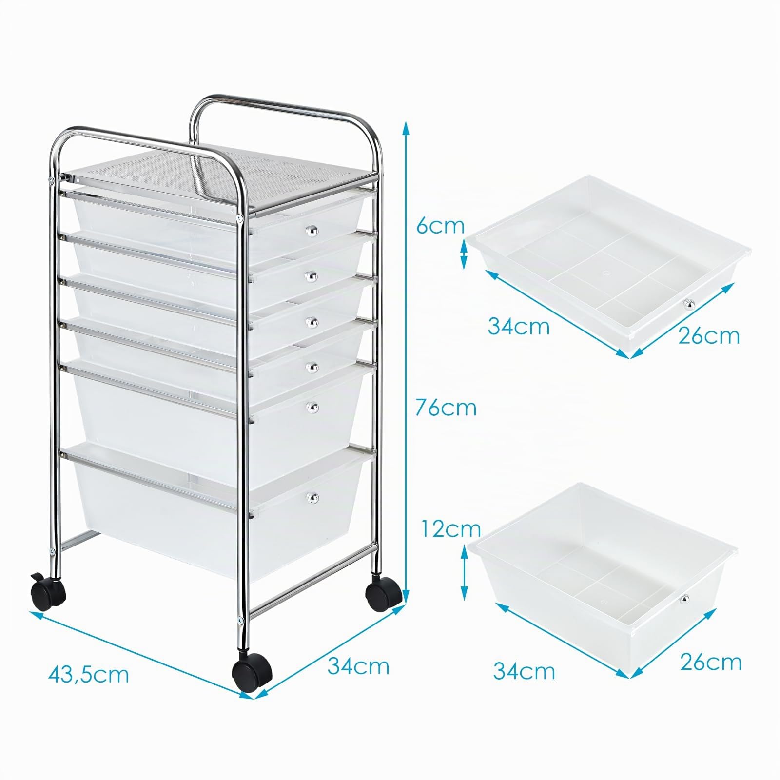 COSTWAY Carrello con 6 Cassetti e Ruote, Cassettiera in Plastica, con Due Dimensioni di Cassetti, Contenitore Multiuso per Casa Bagno e Ufficio, 37 x 74 x 32cm (Trasparente)