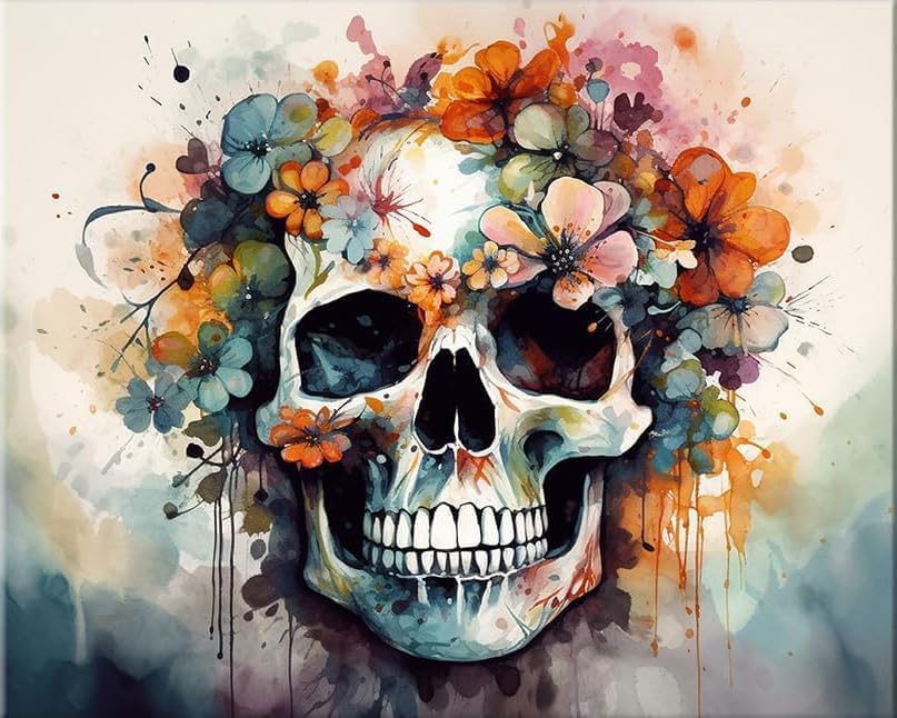 Hjjdiyes Peinture par numéros pour adultes Fleur Tête de mort - Kit de peinture par numéros pour débutant - Toile infroissable, pinceaux et peinture...