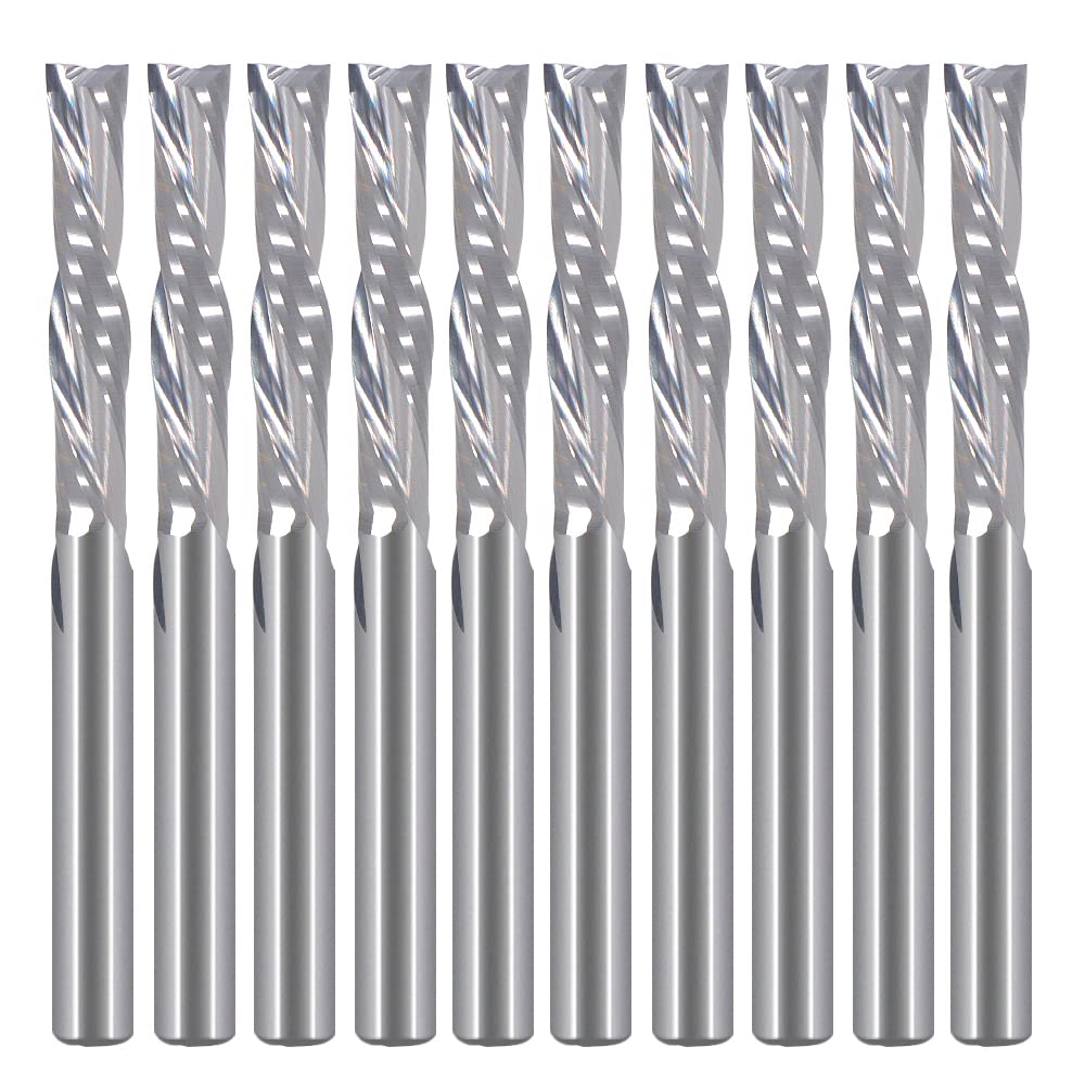 EU_HOZLYSpiral Router Bits 2 Flutes Down Cut 1/8 Inch Cutting Diameter, 1/8 Inch Shank 17 mm (0.669 Inch) Cutting Length Solid Carbide CNC Bits End Mill for Wood Carving Engraving Pack of 10