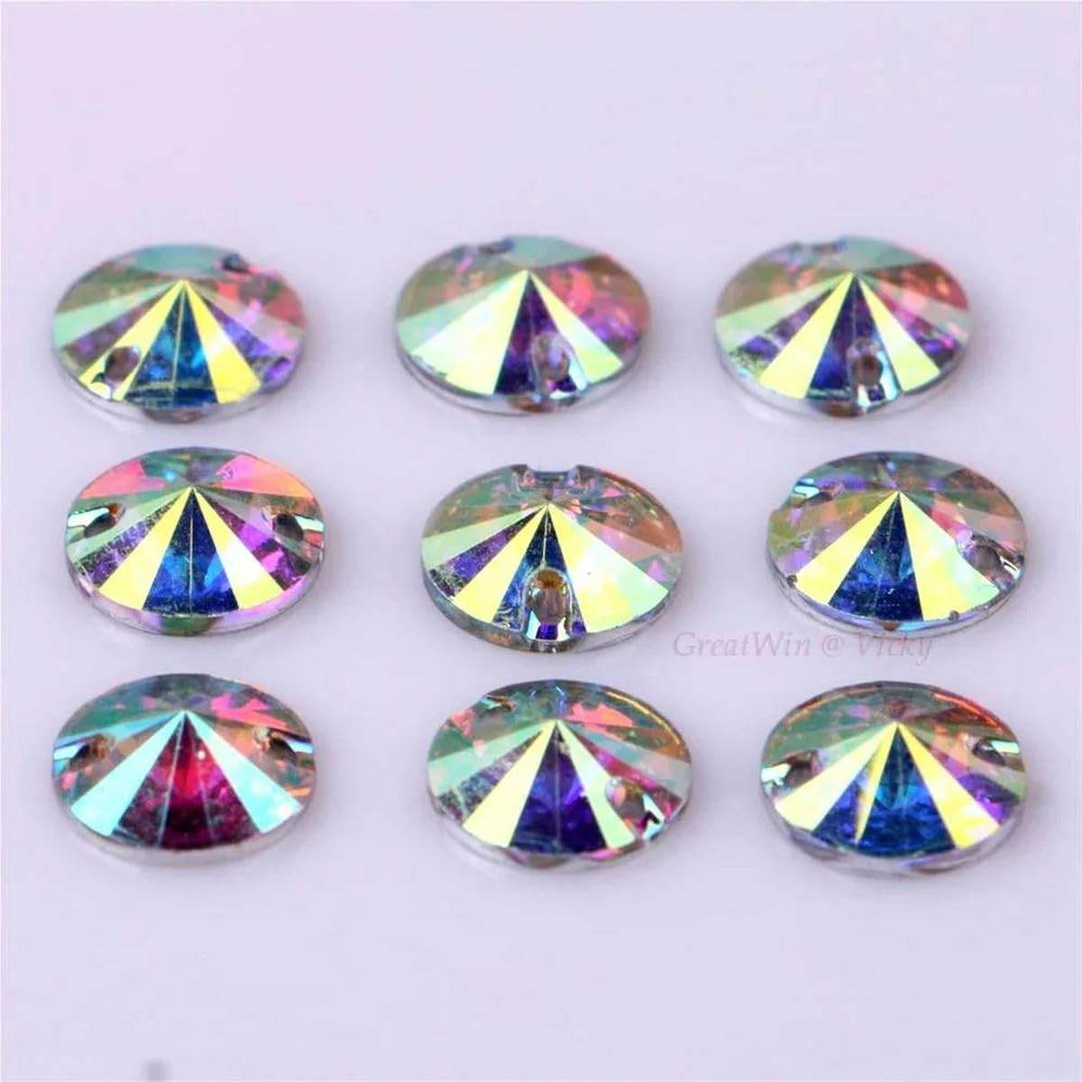 10 mm bis 22 mm Strasssteine zum Aufnähen aus Kunstharz, runde Form, AB-Farbe, flache Rückseite, Strasssteine mit 2 Löchern für Kleidung, Kleider, Kleidungsstücke, 16 mm, 20 Stück, 10 Packungen