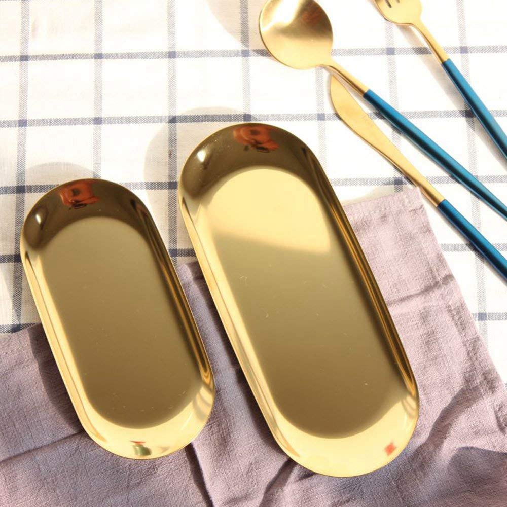 Wisboey 2 Sets Gold Oval Stainless Steel Trinket Tray,Towel Storage Dish Plate Tea Fruit Trays Cosmetics Jewelry Plate - Image 4