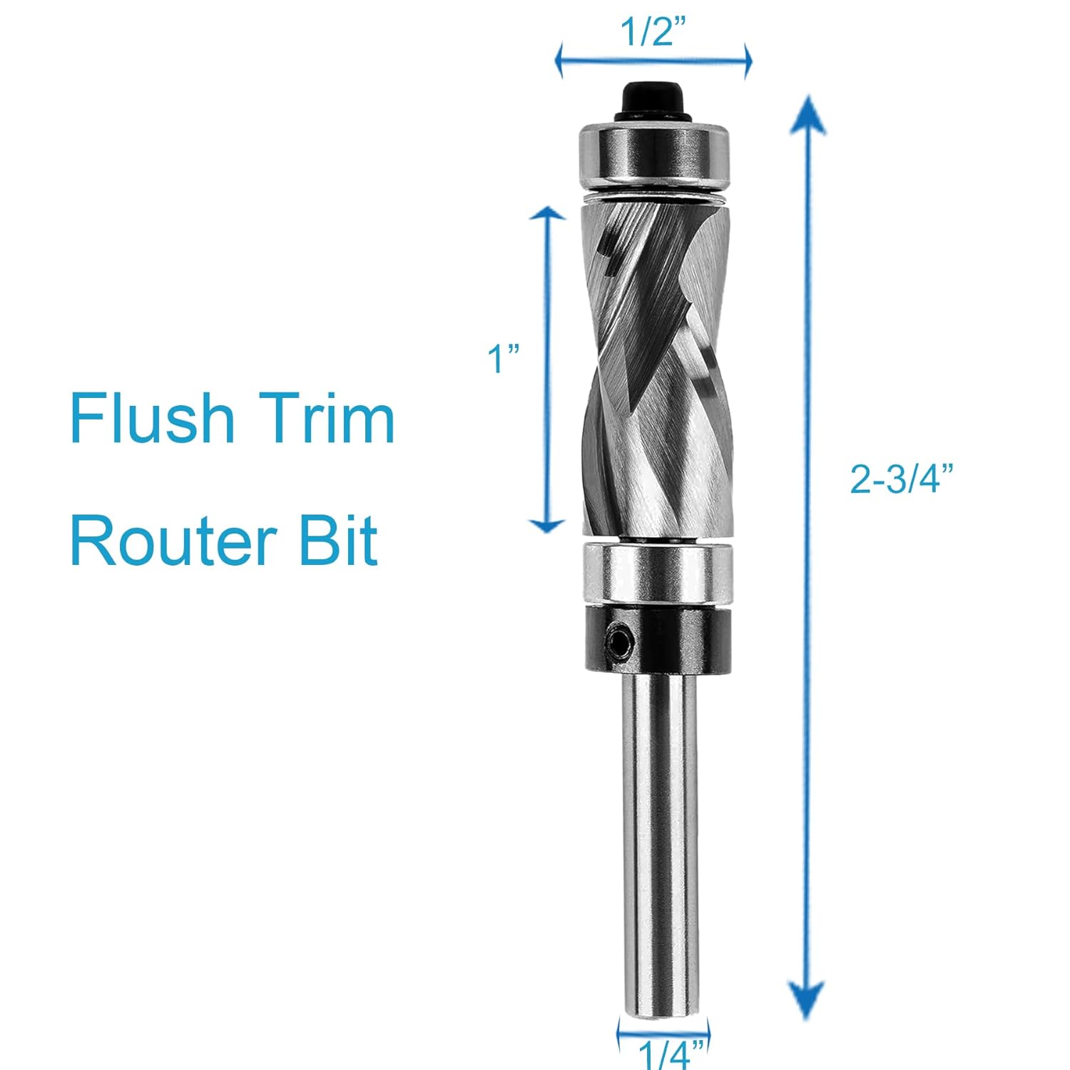 Compression Flush Trim Router Bit 1/4" Shank 1/2" Cutting Diameter 1" Cutting Length Top & Bottom Bearings Industrial Grade Solid Carbide Flush Trim Router Bit for Woodworking