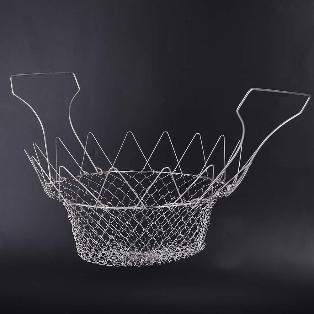 Goick Foldable Frying Net Basket, Stainless Steel Fry Strainer for French Fries, Chicken, Shrimp, Boil, Steam, Drain & Store Flat