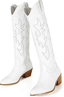 Sponsored Ad - MUCCCUTE Women Embroided Cowgirl Boots Western Cowboy Knee-High Boots White Stitching Point-Toe Long Boots ...