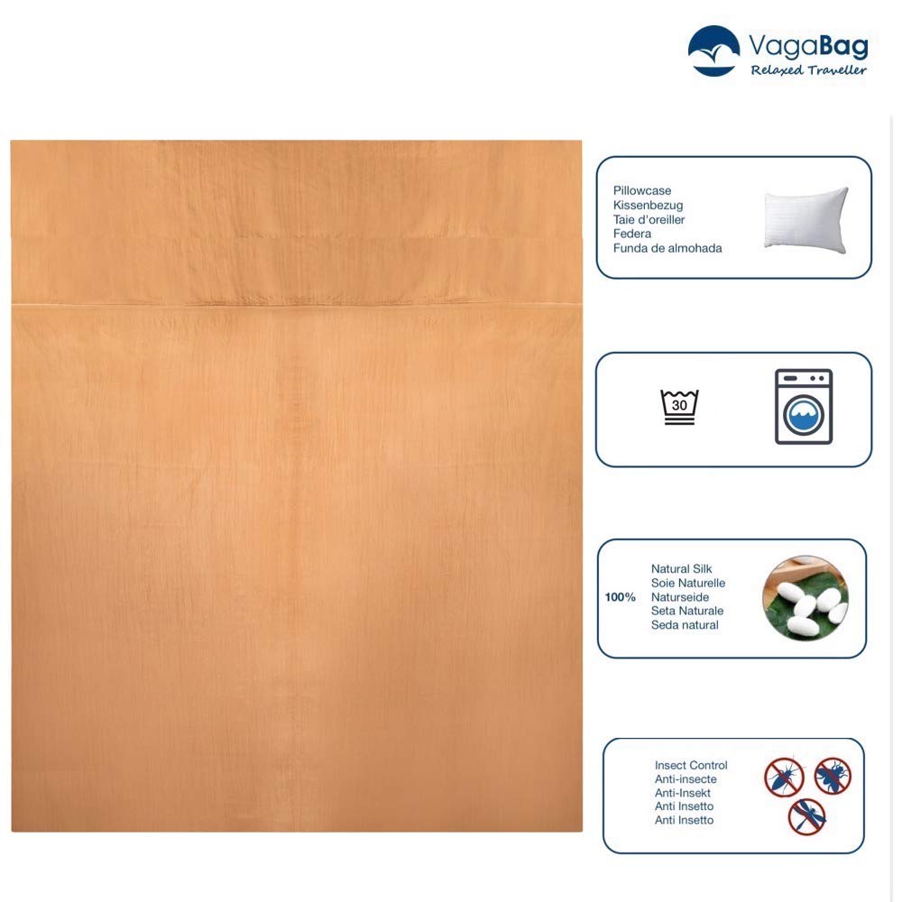 Saco Sábana de Dormir - 2 Personas - Sábana de Seda Ultraligera 197g - cómoda 170x230 cm y Suave: 100% Seda Natural - Compartimento para Almohada - para Acampada y Cualquier Viaje