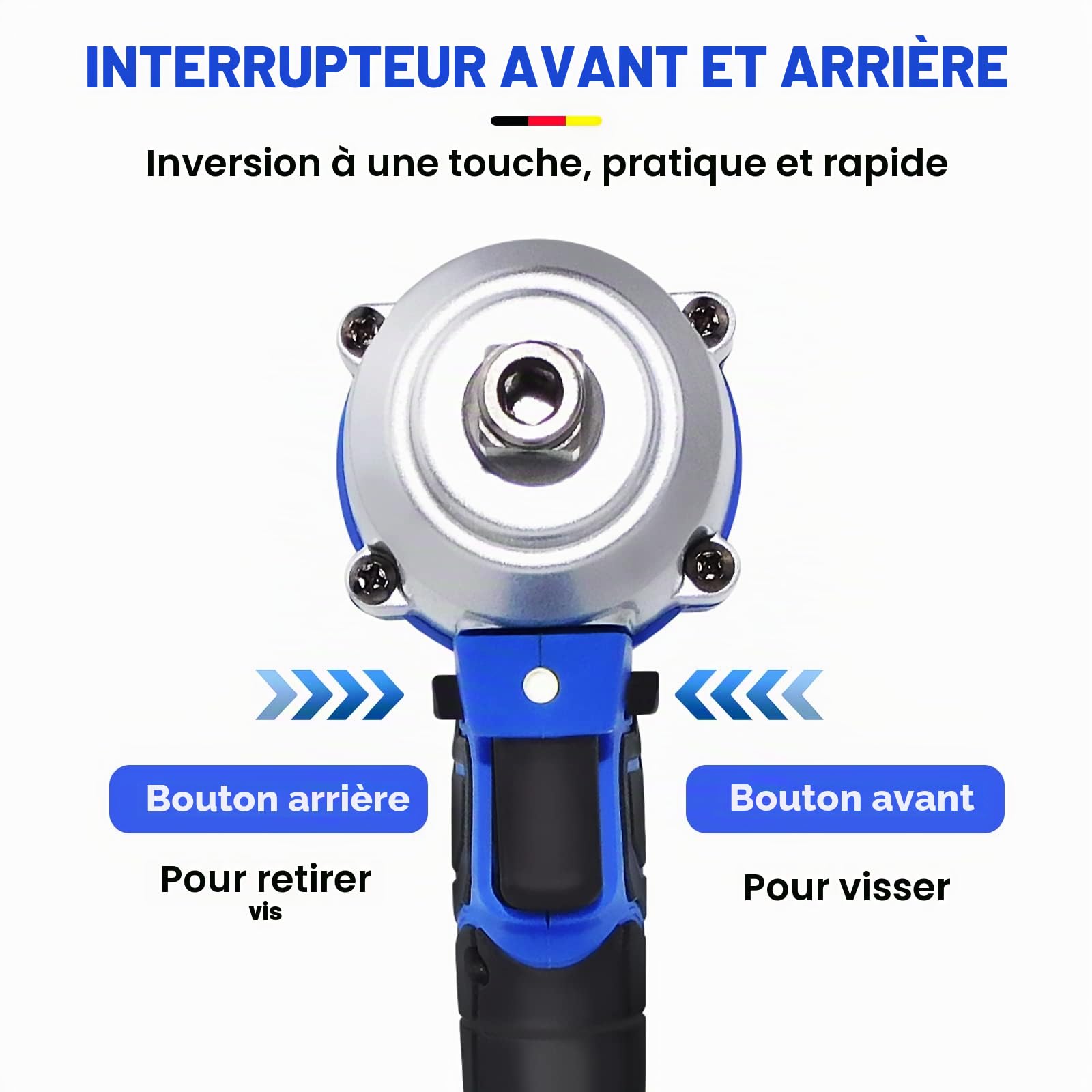 Clé à Chocs Sans Fil Brushless pour Réparation de Voiture, 420Nm Boulonneuse Electrique avec 2x Batteries 6,0Ah 21V, Pistolet à Écrou de Roue, Clé Électrique avec 4 Douilles+12 Embouts de Pilote, Bleu