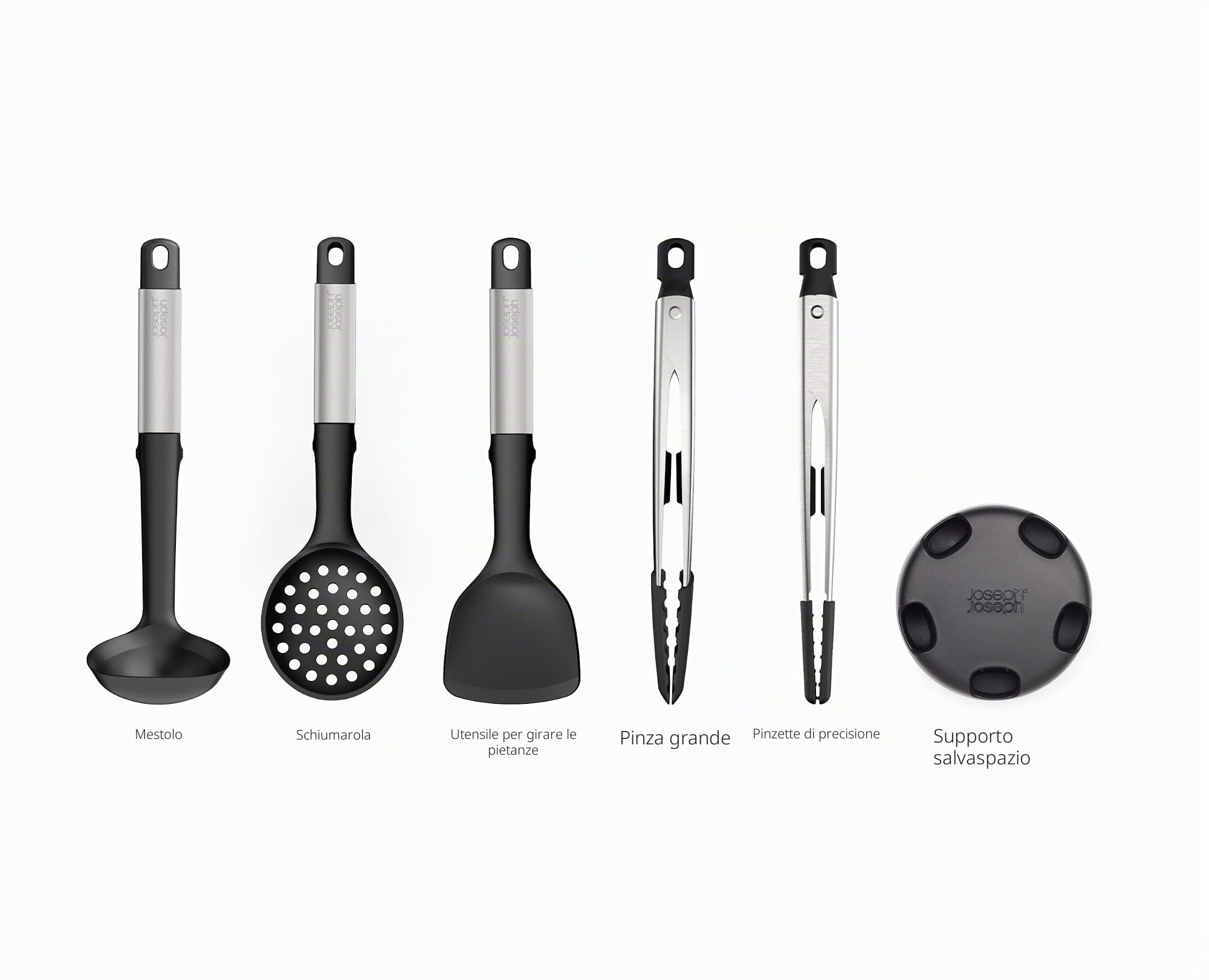 Joseph Joseph Elevate Set di 5 Utensili Cucina, Accessori in Silicone, Mestoli, Cucchiai, Pinze, senza BPA, Antiaderenti, Resistenti al Calore, Manici in Acciaio Inox, con Portautensili