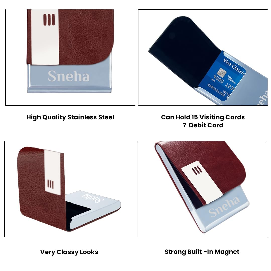 Giftana Personalized Name Card Holder, PU Leather Steel Business Card/Debit Credit Card Holders, New Year Gifts for Office, Diwali Corporate Gift for Employees (1.5 x 9.5 x 6.5 cm-Brown) 3