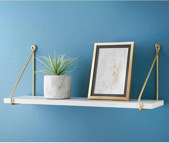 spot on dealz® Floating industrial wall 80 cm length White wooden hanging Shelves small with Golden metal wire Living room furniture