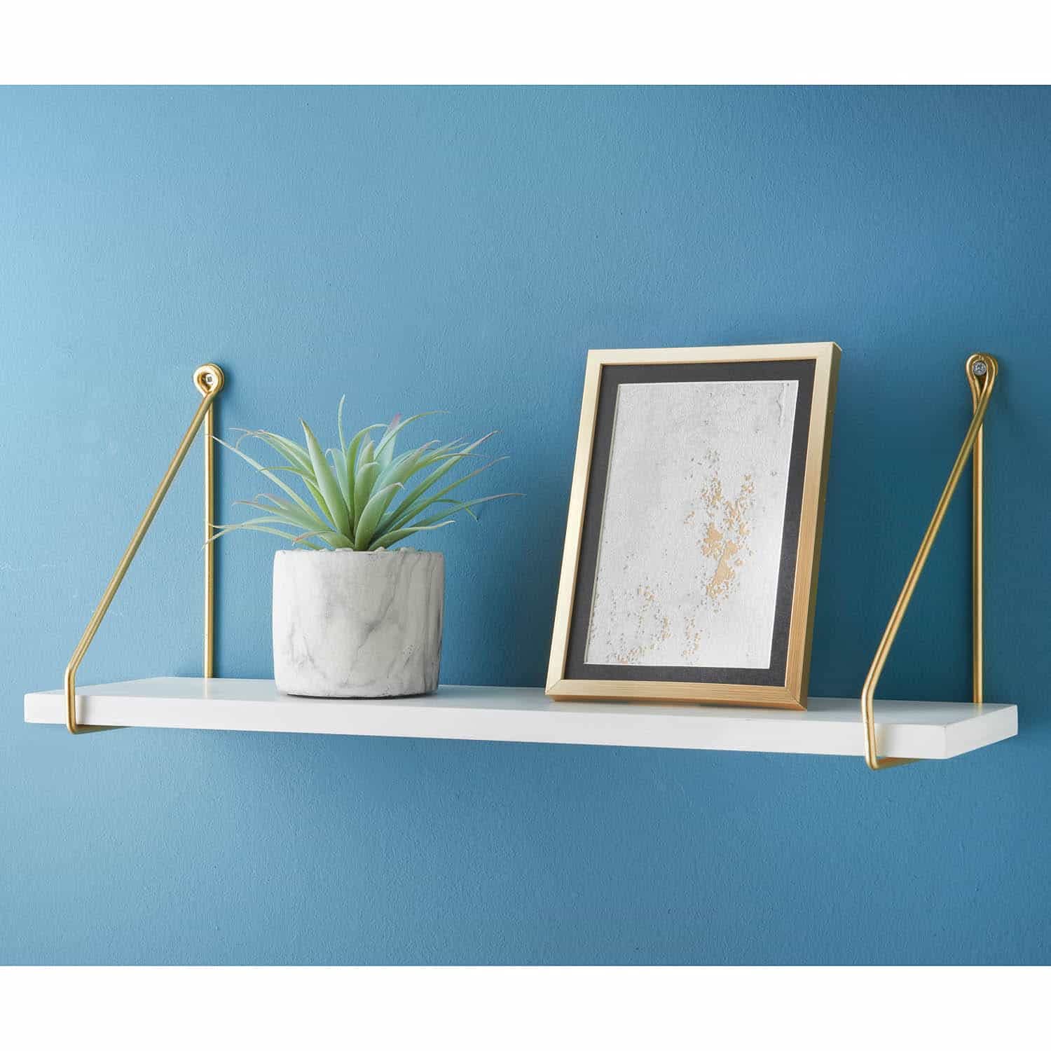 spot on dealz® Floating industrial wall 80 cm length White wooden hanging Shelves small with Golden metal wire Living room furniture